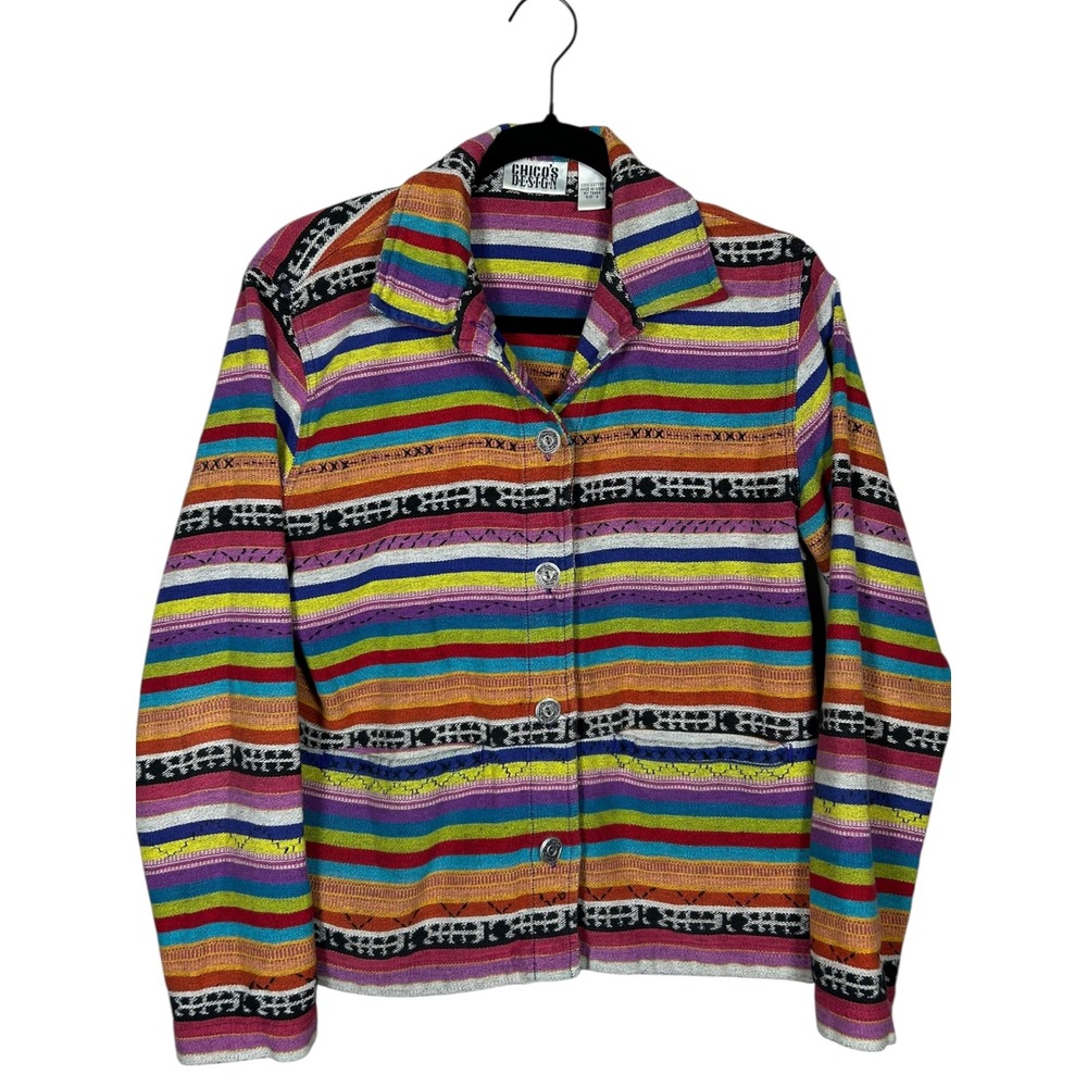 Chicos Design Vintage Striped Cotton Button‎ Down Jacket Sz 0 Small Boho Hippie